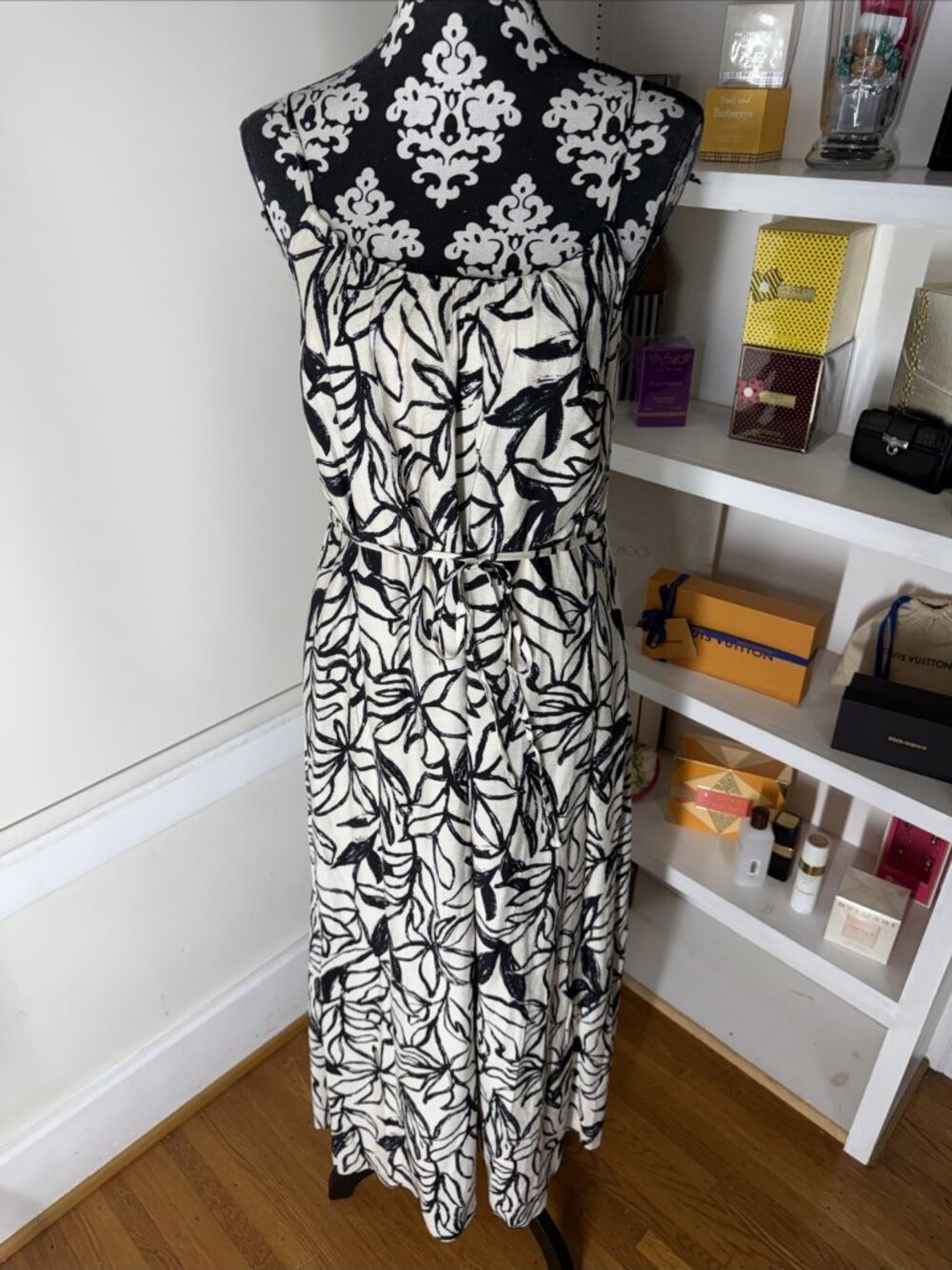 NWT SAM EDELMAN Small Black White Floral Pockets Maxi Dress 34 Bust 52 Length
